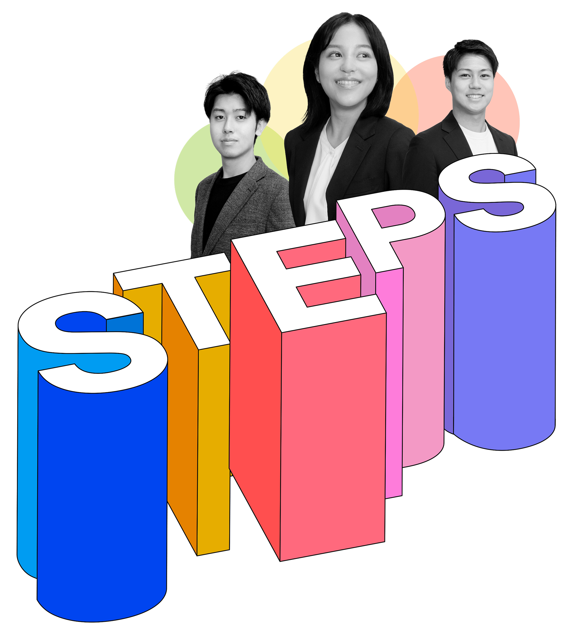 CREALの若手社員とSTEPSロゴ