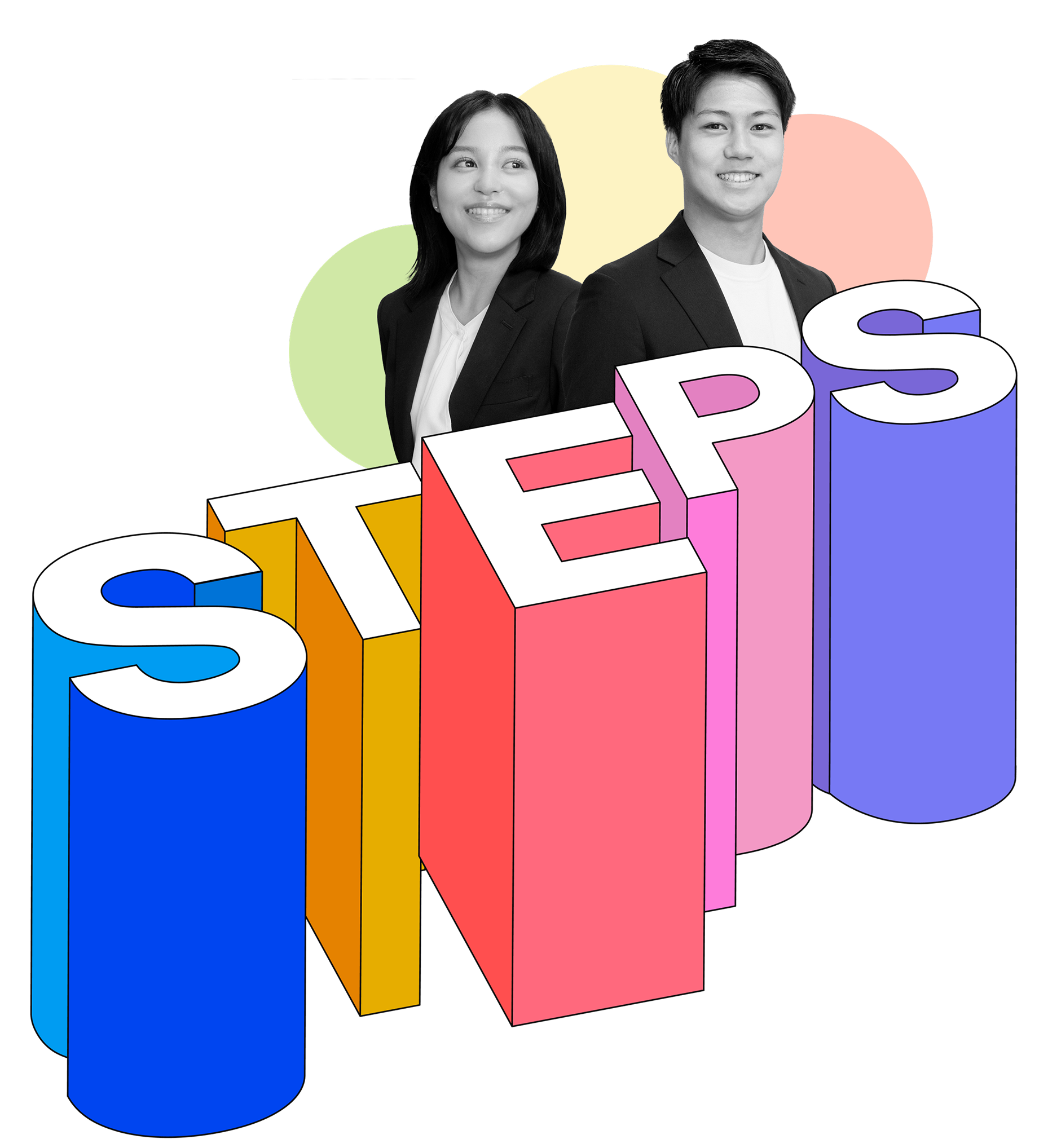 CREALの若手社員とSTEPSロゴ