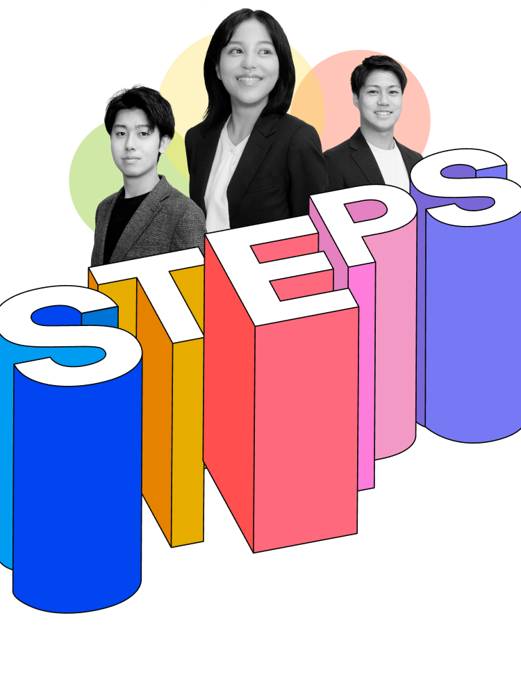 CREALの若手社員とSTEPSロゴ